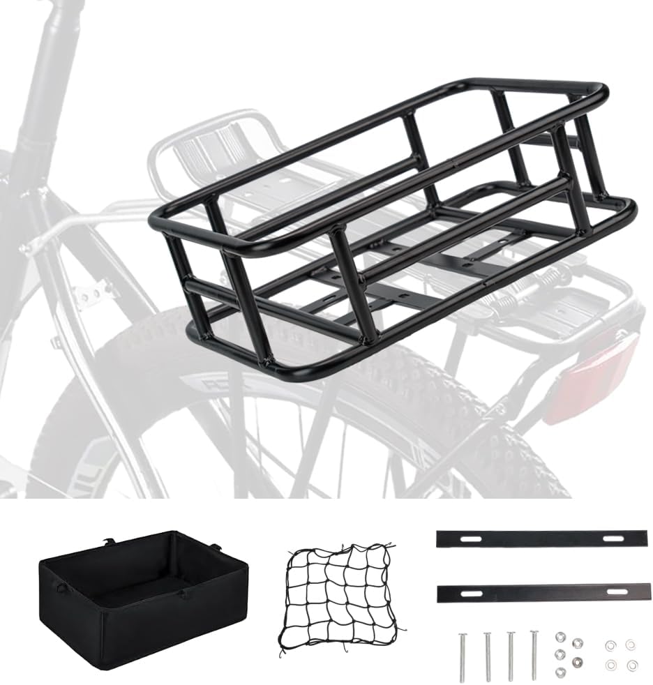 Rear Bike Basket with Black Liner, Cargo Net Large Rear Removable Metal Bicycle Basket, Heavy Duty Rear Basket for Electric Bike, Great for Bike Trip Carrying Grocery Dog