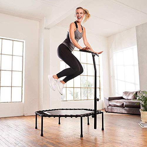 sportplus+ Indoor Trampoline, Blue/Green/Red, Rebounder Home Fitness Trampoline with Height Adjustable Bar