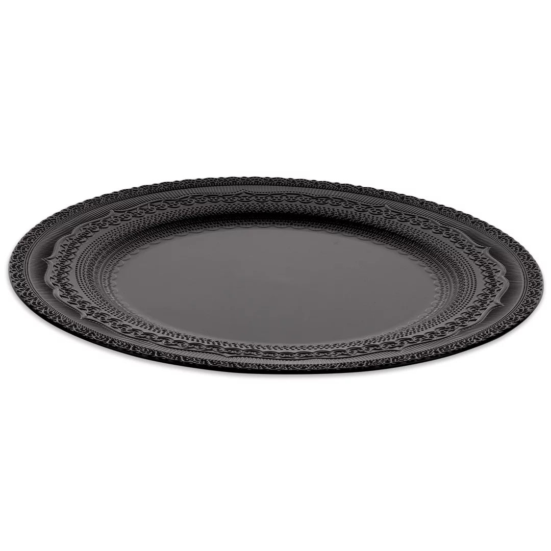 Koyal Wholesale Black Acrylic Charger Plates Round Vintage Lace, Set of 4