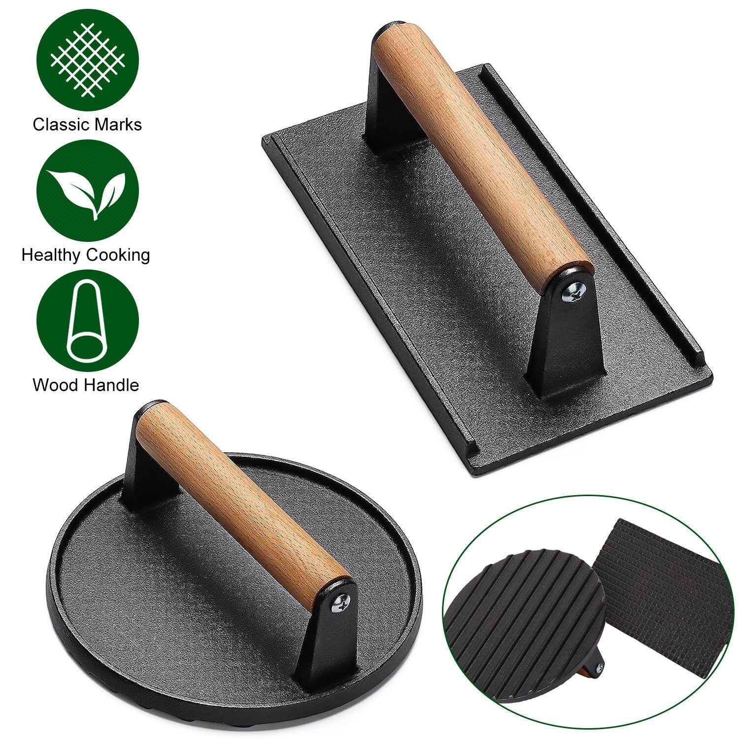 Cast Iron Steak Press Bacon Weight BBQ Grill with Wood Handle Meat Presser 2Pcs