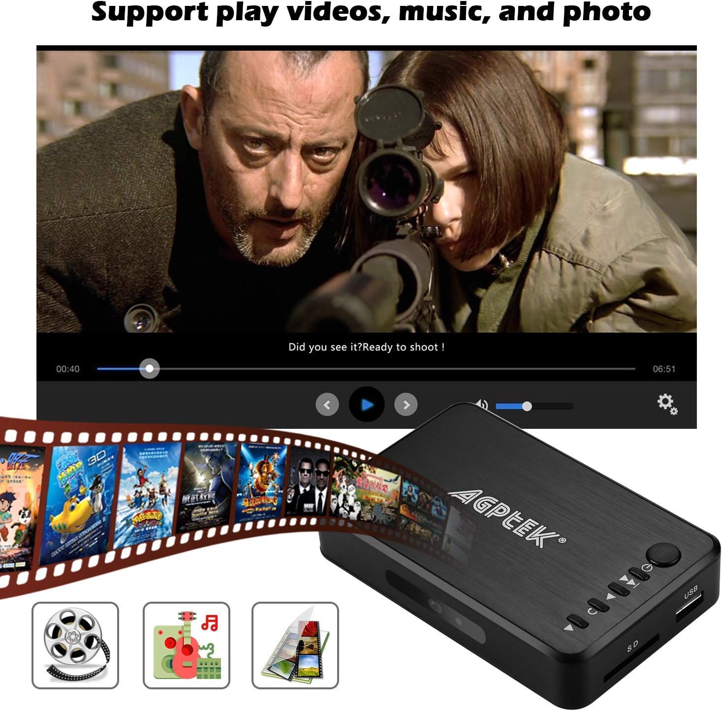 AGPTEK 1080P Media Player Read USB drive/SD card with HD HDMI/AV/VGA Output for RMVB/ MKV /JPEG etc with Remote Control Pack of 2