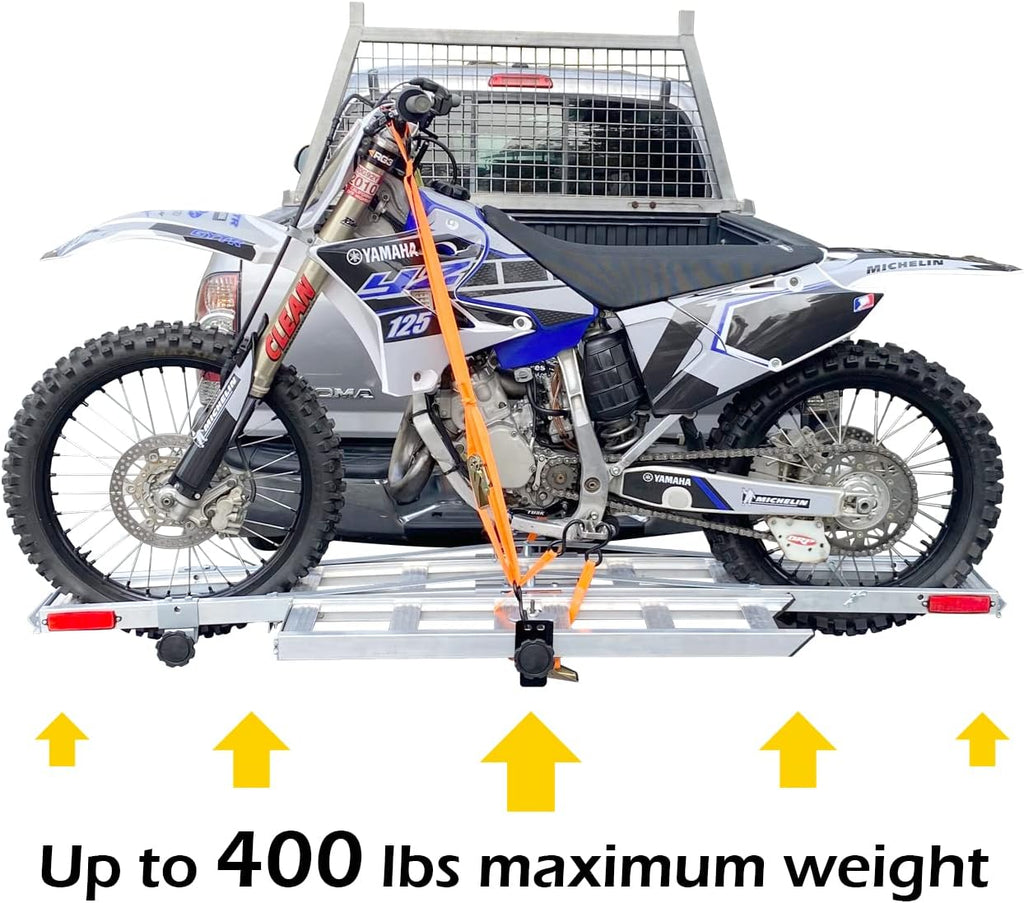 MaxxHaul 50711 Hitch Mounted Aluminum Motorcycle Dirt Bike Carrier with Ramp 400 Lbs Capacity