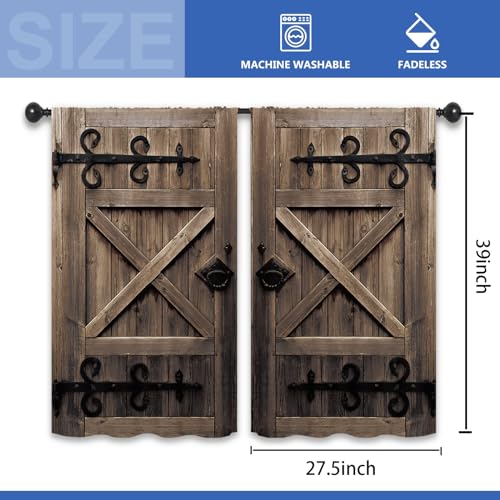 Farmhouse Rustic Animal Kitchen Curtains 27.5W x 39L Inch Country Vintage Barn Door Wood Wooden Cow Donkey Gray Rod Pocket Short Cafe Tier Small Window Treatment Drapes Decor 2 Panels