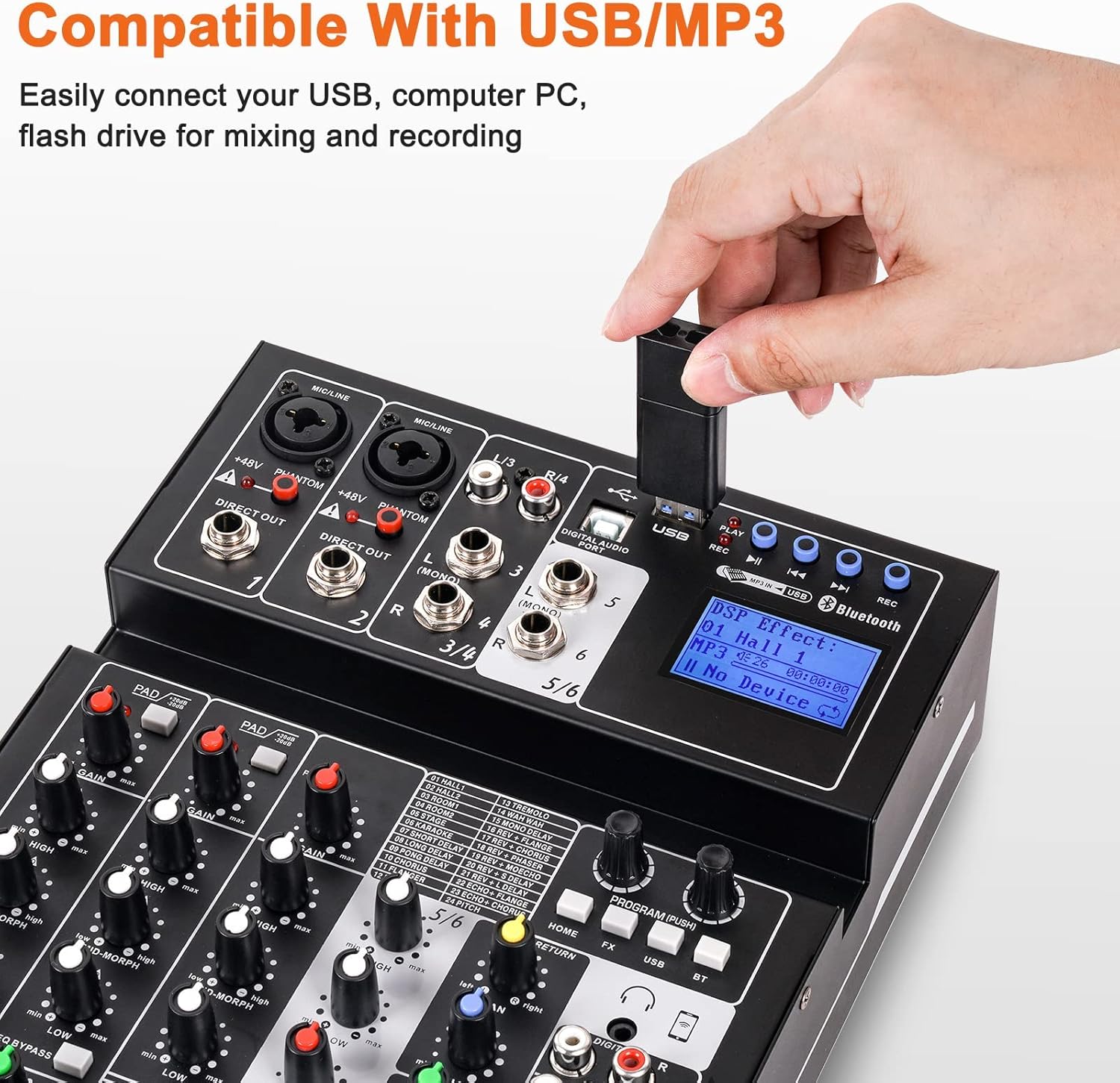 Audio Mixer Sound Board Console 6 Channel Sound Mixer Support Digital USB MP3 Computer Wireless Input with 48V Phantom Power for Professional and Beginners By Vangoa