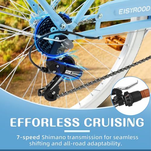 26 Inch Beach Cruiser Bike for Women, Hybrid Cruiser Bike with 7 Speed, Adjustable Seat, Lightweight Women Beach Cruiser Bike with Anti-Skid Tires, V-Brakes, Pink & Blue