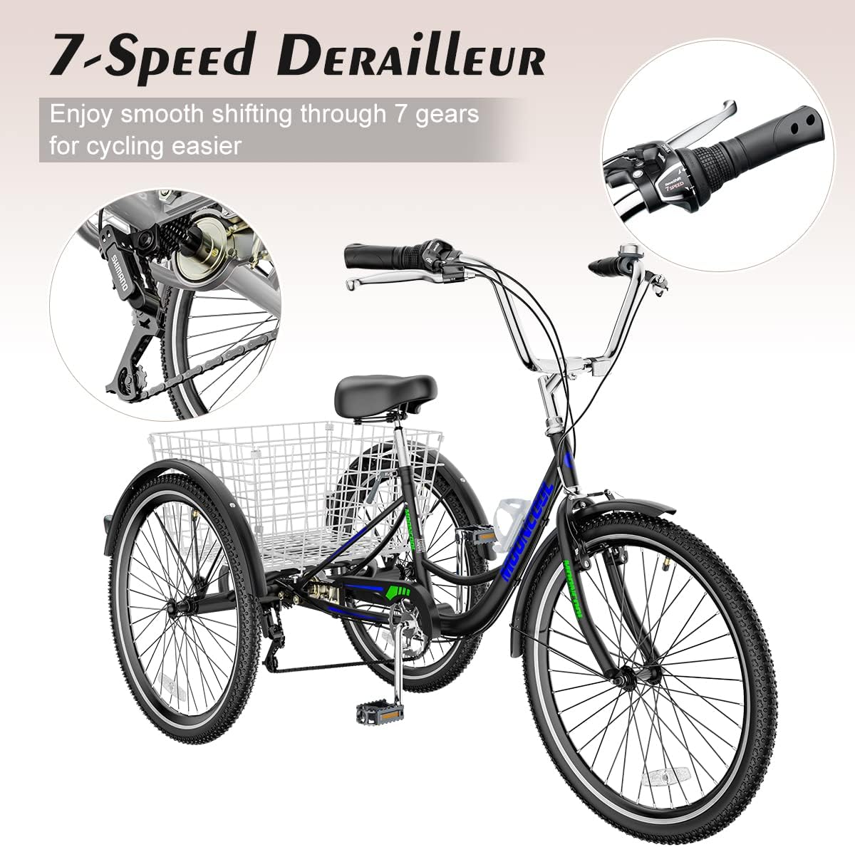 Adult Tricycle 7 Speed 3 Wheel Bike Adult Trikes, Three-Wheeled Bicycles Cruise Trike with Basket for Seniors, Women, Men for Recreation Shopping (26", Black with Blue)