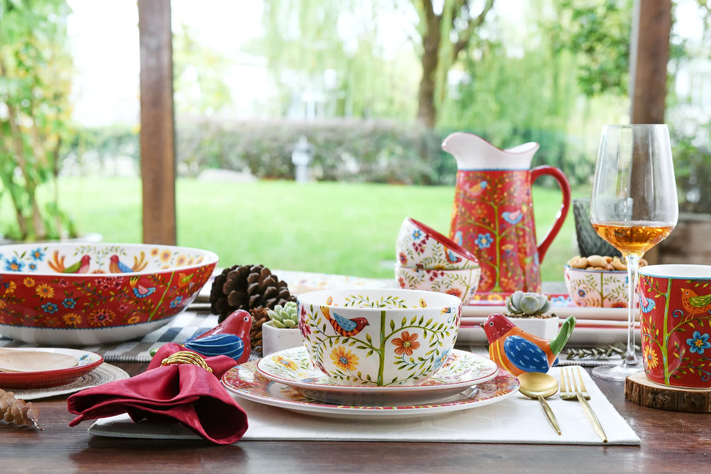 Bico Red Spring Birds Ceramic 35oz Dinner Bowls, Set of 4, for Pasta, Salad, Cereal, Soup & Microwave & Dishwasher Safe