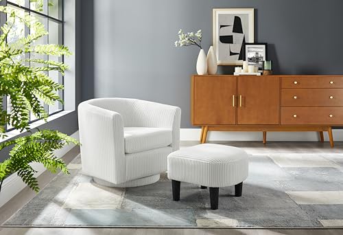 Modern Barrel Swivel Chair, 360 Degree Swivel Accent Chair with Ottoman, Corduroy Fabric Armchair, Upholstered Tufted Round Accent One-Seater Sofa for Bedroom
