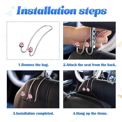 BESULEN Strawberry Car Decor Hooks, 2 Pack Bling Diamond Seat Back Organizers, Auto Headrest Storage Hangers Hooks for Purse Handbag Clothes Grocery, Universal Car Accessories for Women