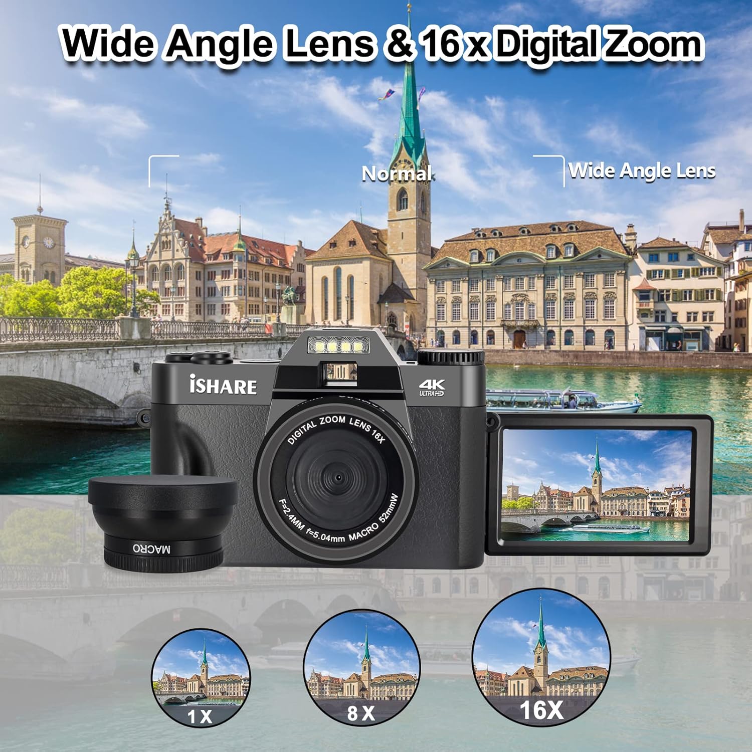 Vlogging Camera, 48MP Digital Camera 4K Video Camera for YouTube with WiFi, 3.0 Inch Flip Screen Camcorder, 16X Digital Zoom Blogging Camera with 32GB Micro Card