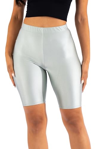 Ofenti Shiny Biker Shorts Colorful Knee Length High Waist Active Slip Shorts Boy Shorts Dance Yoga Running Lounge