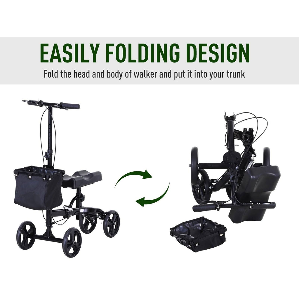 HOMCOM Medical Foldable Steerable Leg Knee Walker Scooter with Basket Attachment, Size: 14.25, Black