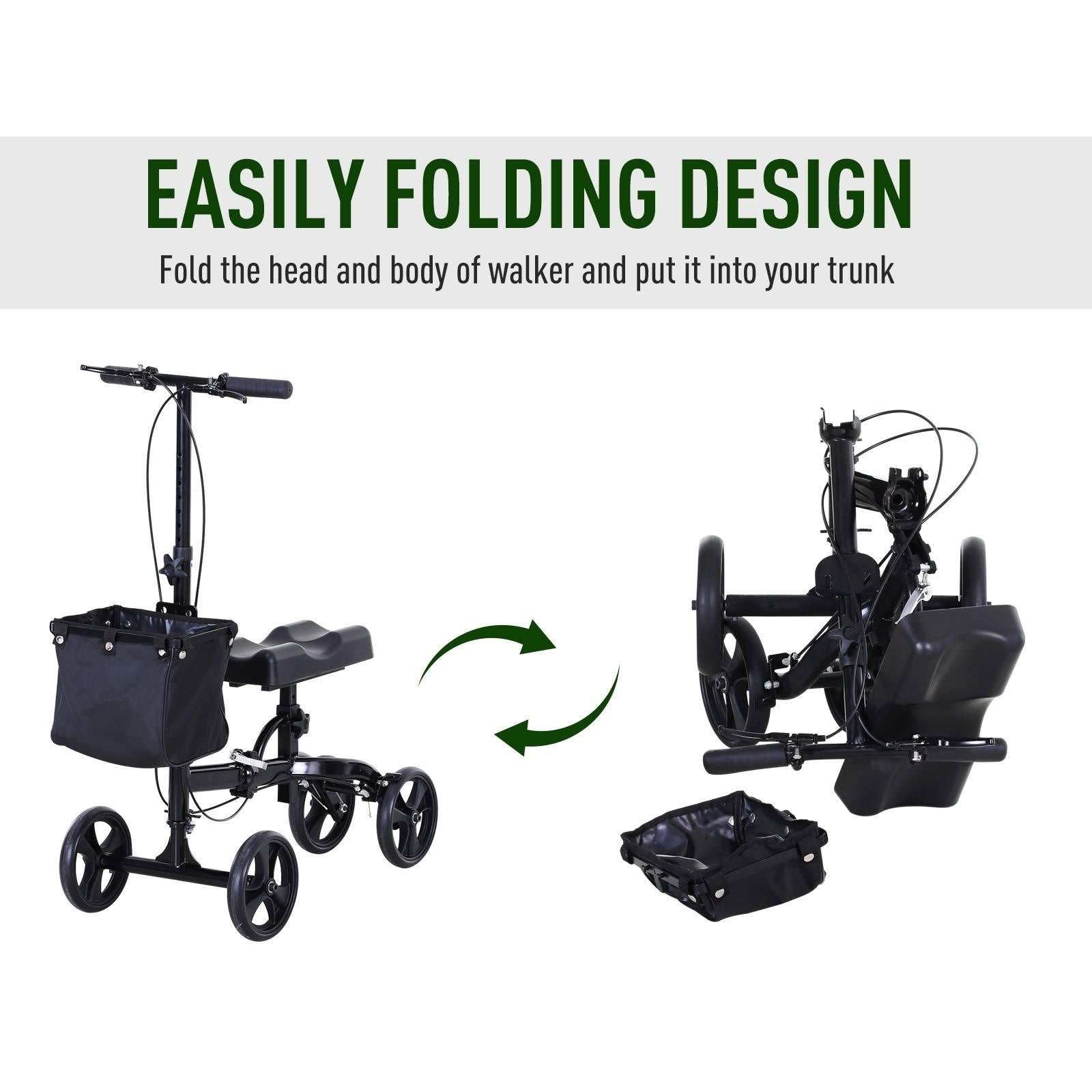 HOMCOM Medical Foldable Steerable Leg Knee Walker Scooter with Basket Attachment, Size: 14.25, Black