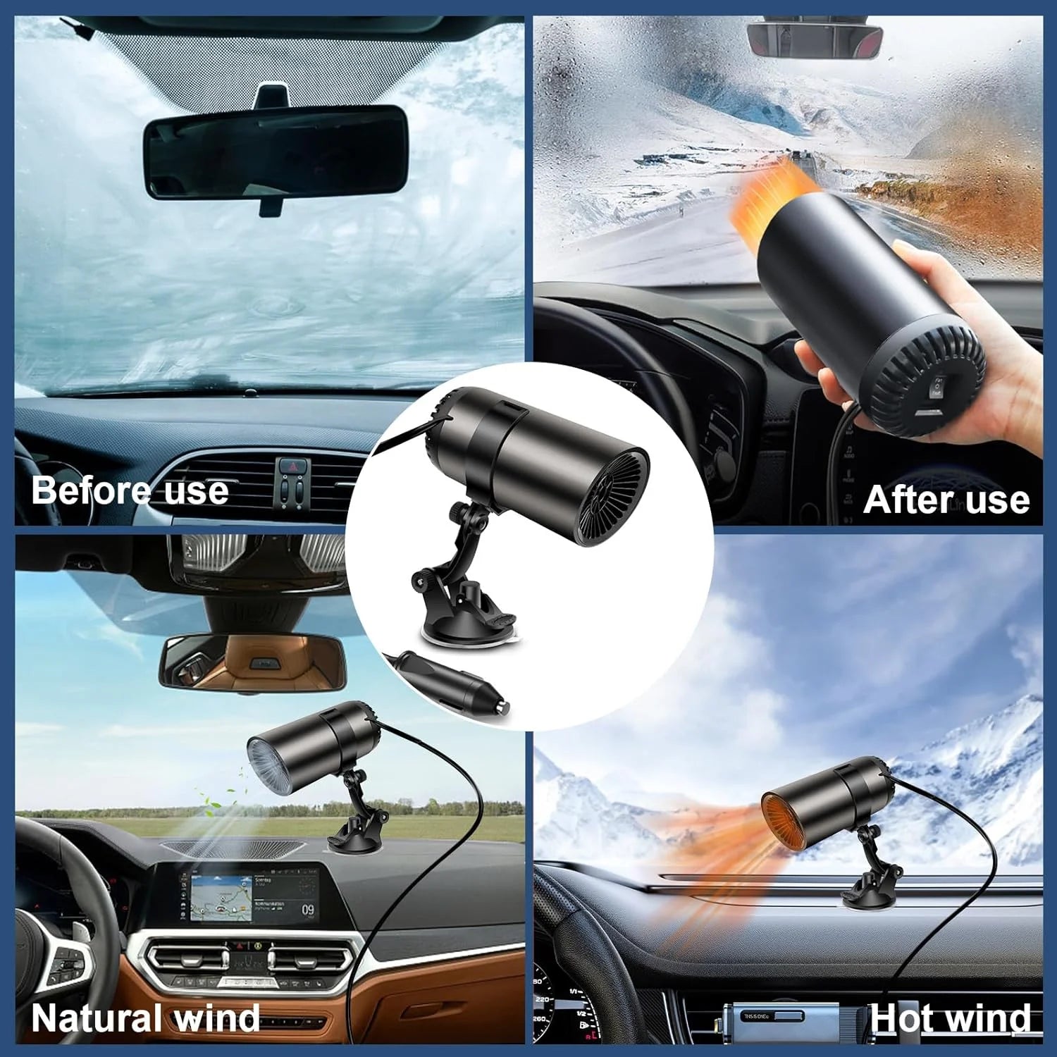 THONZER Portable Car Heater and Defroster, Car Heater That Plugs into Cigarette Lighter, 2 in 1 Fast Heating or Cooling Fan, Portable Heater for Car with 360-Degree SuctionBracket