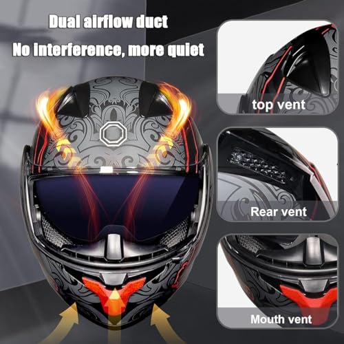 Bluetooth Modular Dual Visor Motorcycle Helmet FMVSS-218 DOT Approved Full Face Motocross Motorbike Helmet Adults Men Women Summer Lightweight Cool Helmet for Racing Mountain Go-Kart