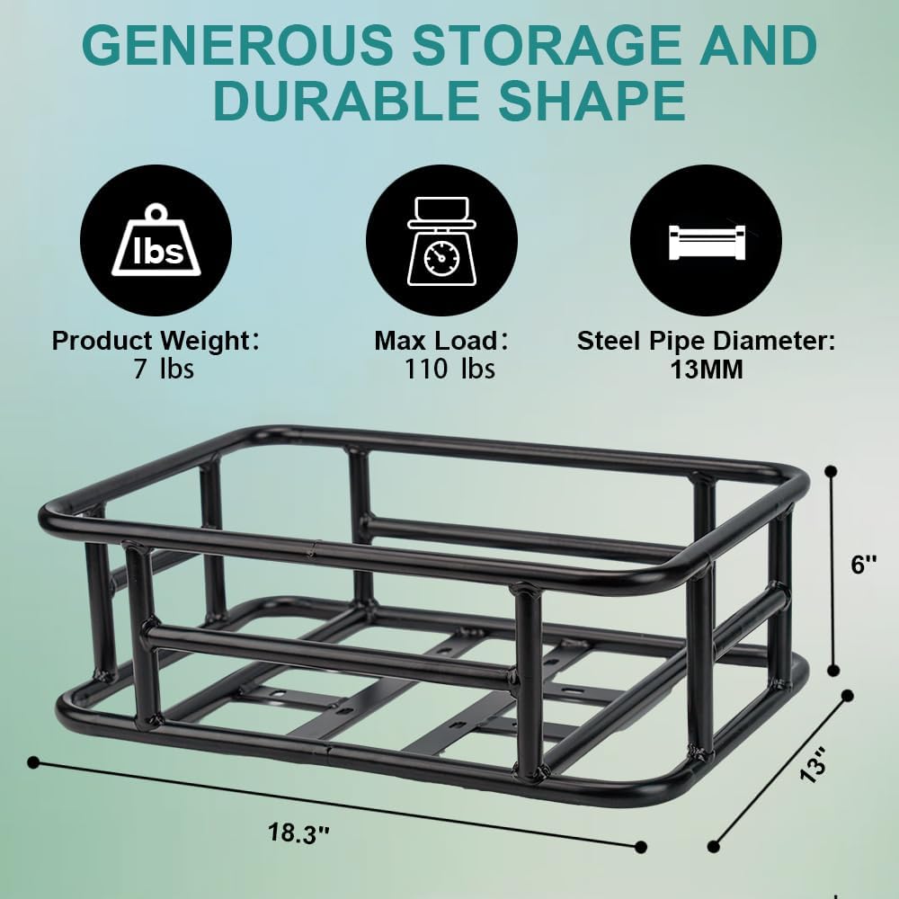 Rear Bike Basket with Black Liner, Cargo Net Large Rear Removable Metal Bicycle Basket, Heavy Duty Rear Basket for Electric Bike, Great for Bike Trip Carrying Grocery Dog
