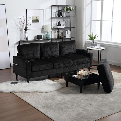 77'' Convertible Sectional Sofa Couch, L Shaped Couch 3 Seat Sofa Sectional with Reversible Storage Ottoman Bench & Cup Holder, Couches for Living Room, Apartment, Office, Small Space, Beige