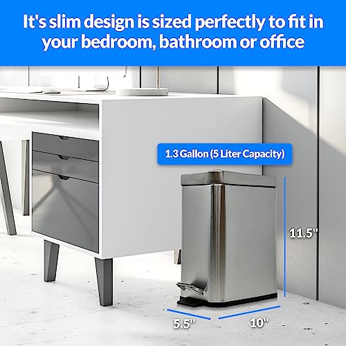 Reli. Small Trash Can with Lid, 1.3 Gallon (5 Liter) | Stainless Steel (Silver) | Small Bathroom Trash Can | Step Pedal Garbage Can with Removable Bucket, Kitchen | Rectangular Metal Trash Bin