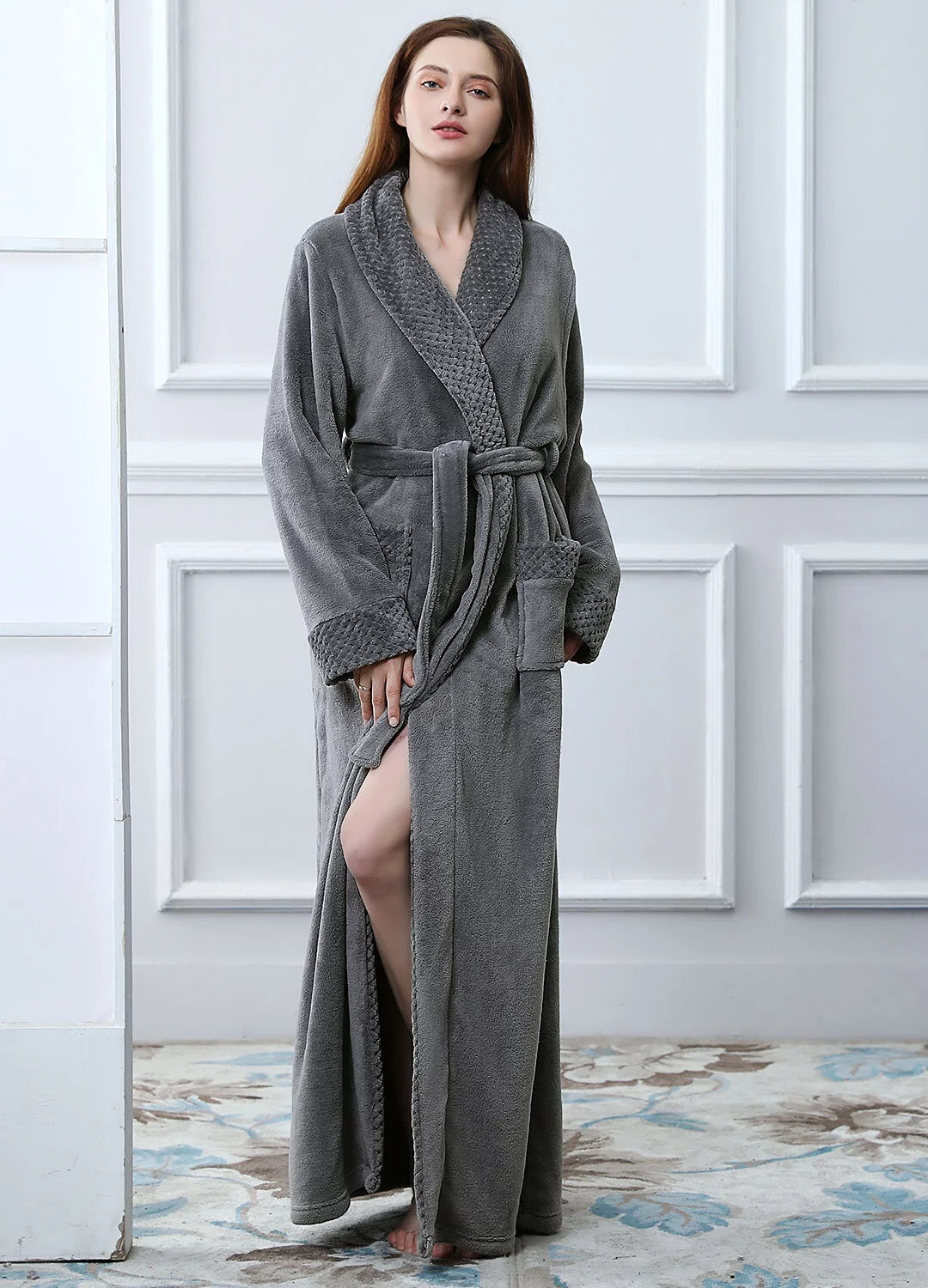 Robes for Women, LOFIR Long Womens Robes, Soft Fluffy Fleece Bath Robe with Front Pocket, Winter Warm Plush Lapel Women's Robes, Adjustable Belt, Grey, L/XL