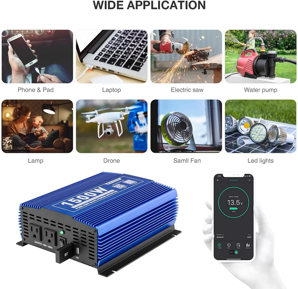 Kinverch 1500W Pure Sine Wave Power Inverter 12V DC to 110V AC Car Inverter with Bluetooth and 2AC Outlets &USB Port for Truck /RV /Home