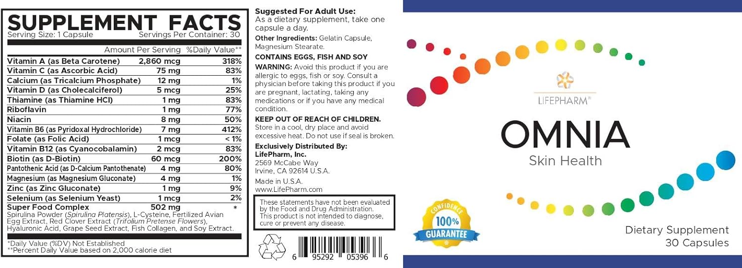 Omnia - Skin, Hair, and Nails Supplement - Triple Acting Complex for Healthy and Glowing Skin - Features a Natural Blend of Vitamins, Minerals, Collagen and Other Superfoods - 30 Capsules