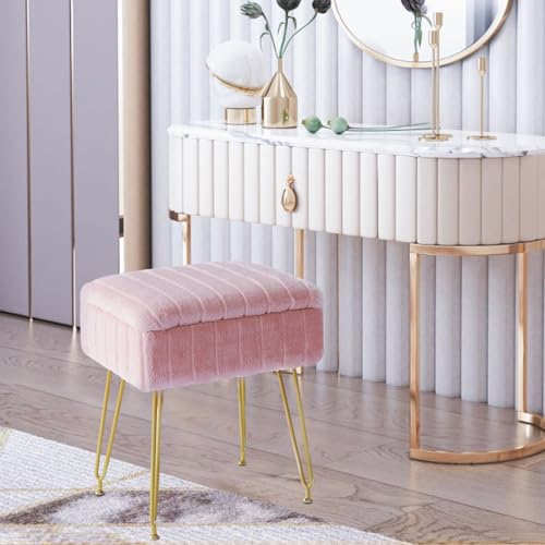 Vanity Stool Chair with Hidden Storage, Faux Fur Makeup Chair with Gold Metal Legs, Perfect for Makeup & Small Spaces, Soft, Comfy Ottoman for Bedroom, Vanity or Desk (Pink)