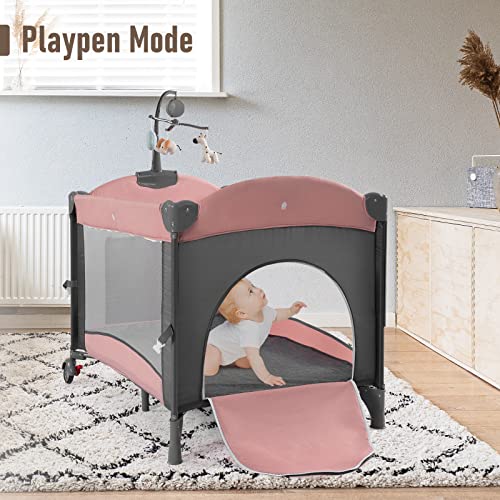 5 in 1 Baby Crib,Baby Bassinet, Bedside Cribs, Pack and Play with Bassinet and Changing Table, Portable Travel Baby Playpen with Bassinet Toys & Music Box,Mattress for Girl Boy Infant Newborn (Grey)