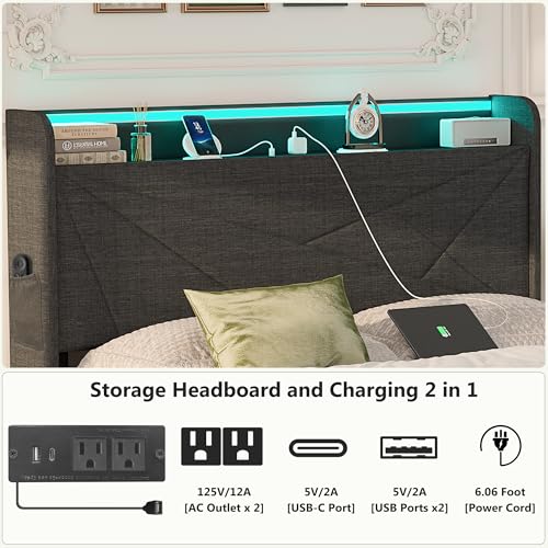 Alohappy Queen Bed Frame with Storage Drawers and Charging Station, Upholstered Platform Bed Frame with LED Light and Type-C & USB Ports,Metal Support No Box Spring Needed Noise-Free Easy Assembly