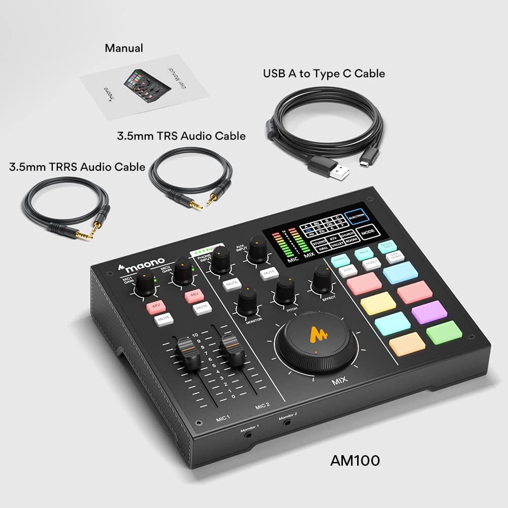 Audio Interface with DJ Mixer and Sound Card, Maonocaster Portable Podcast Production Studio for Guitar, Live Streaming, Recording, Chat, Broadcast, Gaming, Compatible with PC, smartphone (AM100K0)