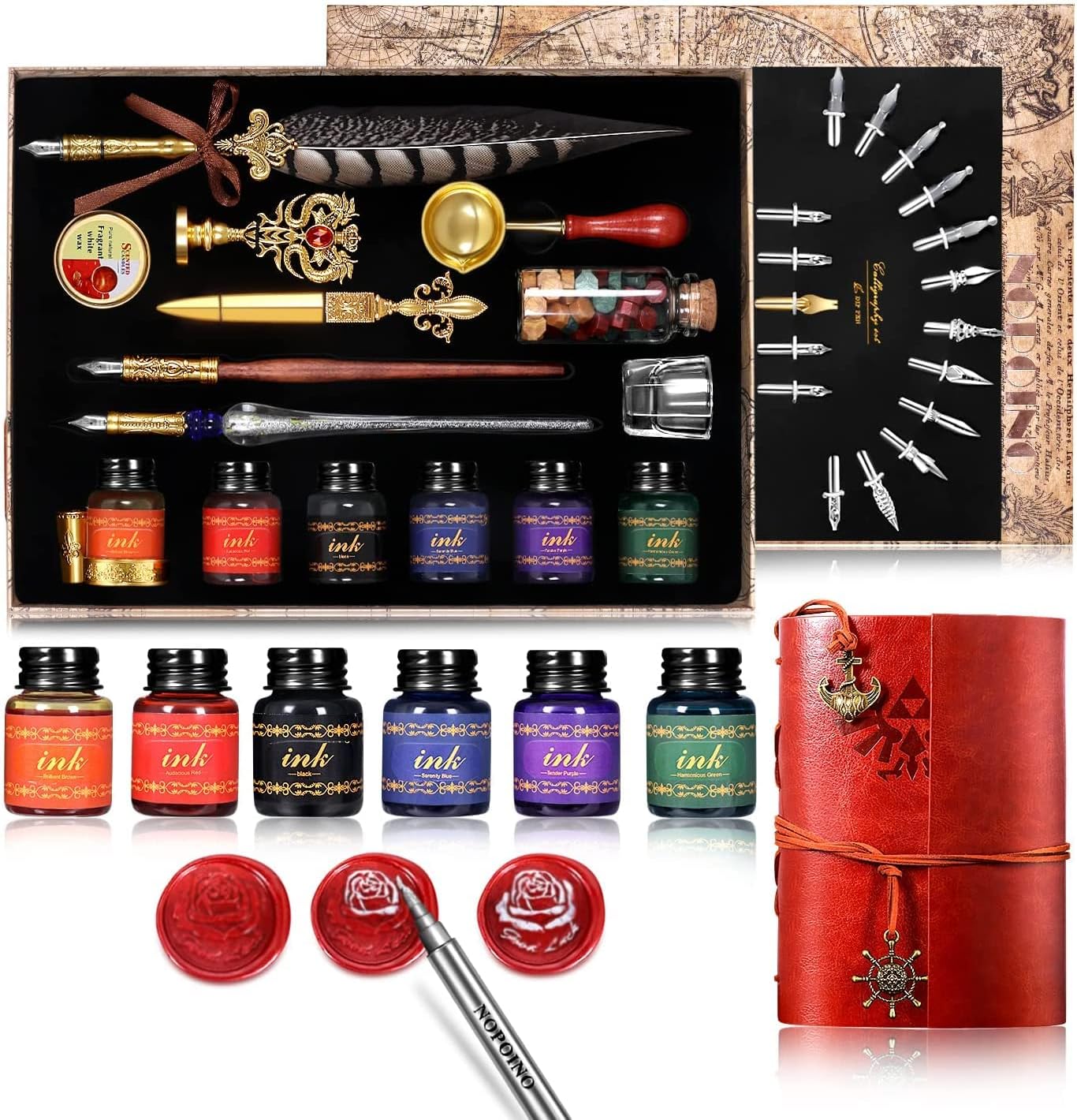 Vintage Pheasant Quill Pen Ink Set,Feather Dip Pen Set with Classic Spiral Bound Leather Notebook,Beginners Glass Dip Pen Wood Calligraphy Pen Craft Decoration Pen,Best Gift Kit for Writing,Drawing Pack of 2