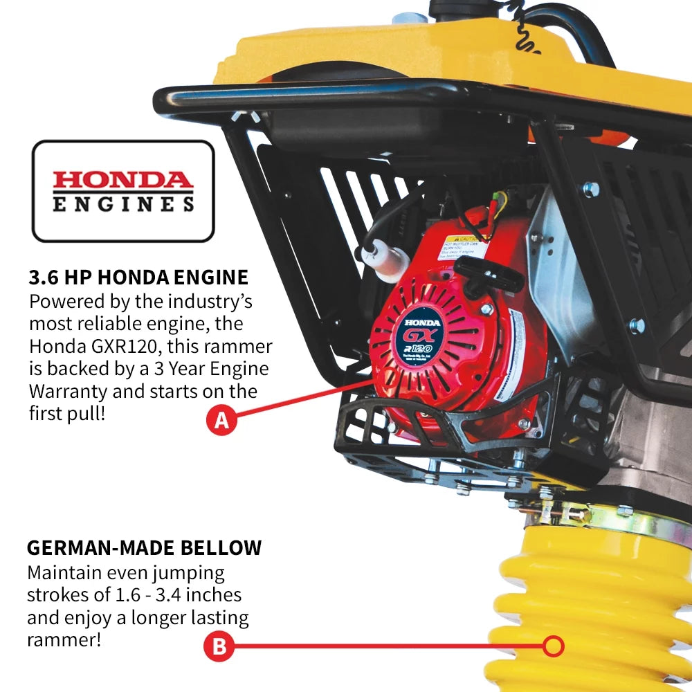 TOMAHAWK 3.6 HP Honda Vibratory Rammer Jumping Jack Tamper with Honda GX120R Engine Compaction Force 3,550 lbs. per square ft