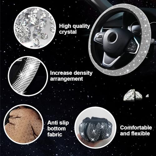 Osilly 27PCS Bling Car Accessories Set for Women, 15 Inch Reinestone Crystal Steering Wheel Covers License Plate Frame USB Charger Phone Holder Coasters, Vehicle Decorations, Universal Fit