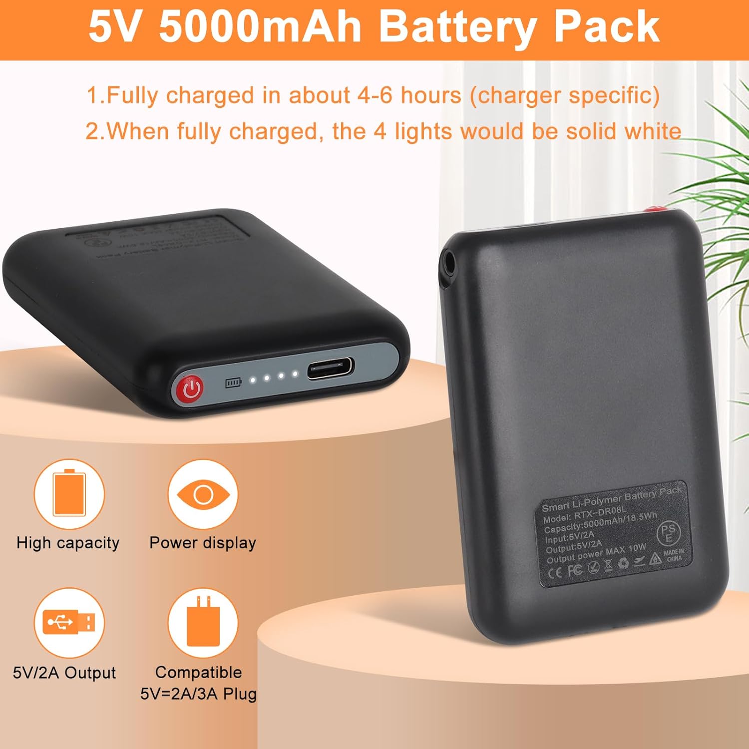 Amiable Upgraded 5V 5000mAh Li-Polymer Rechargeable Batteries, Suitable for Heated Gloves Heated Scarf Heated Socks, Heated Slippers Spare Battery (Black)