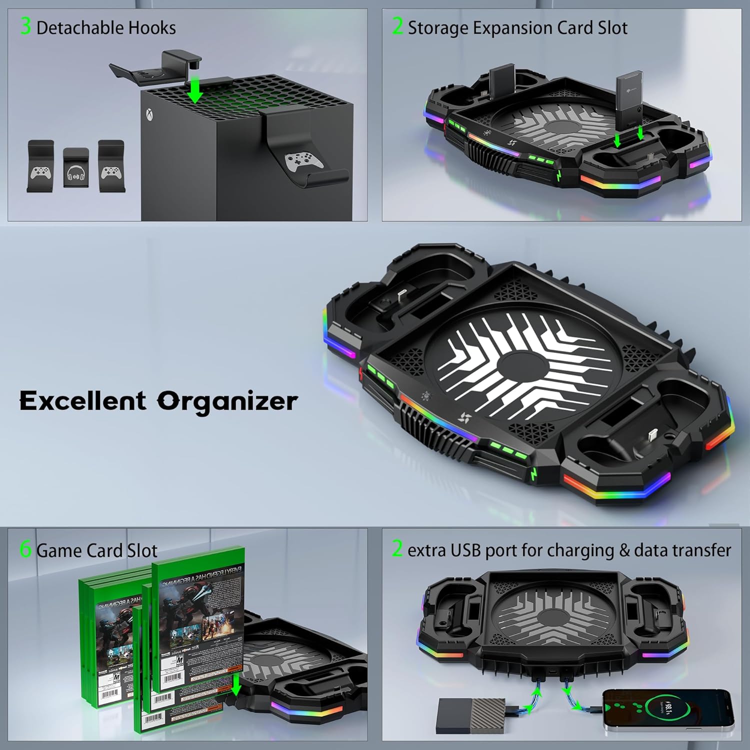 RGB Charging Stand with Cooling Fan for Xbox Series X, Vertical Dual Controller Charger Station Dock & Cooler System with 13 LED Lights, 2 Rechargeable Battery & 3 Accessories Holder for Xbox Series X