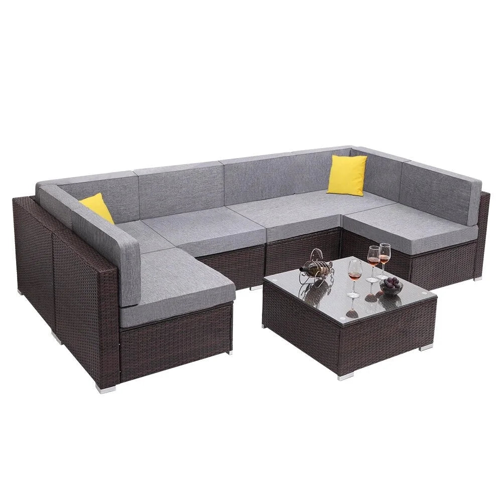 Two Styles US Warehouse 7 Pieces Patio PE Wicker Rattan Corner Sofa Set Patio Furniture  Set for Garden and Outdoors
