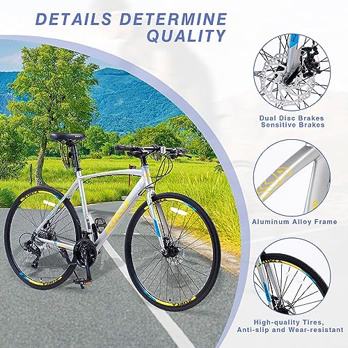 700C Wheel Road Commuter Bike, 700C Road Bike,24 Speed Hybrid Road Bicycle with Light Aluminum Alloy Frame for Adult Men and Women，Heavy Duty Racing Bike Up to 330LBS,4 Colors
