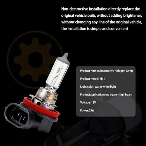 jokormo 2 PCS H11 Automotive Halogen Bulb, 12V 55W Quartz Lamp Super Bright Beam Low Beam/High Beam Fog Light Replacement, All-in-one Plug Play Bulb, Automotive Lighting Accessories