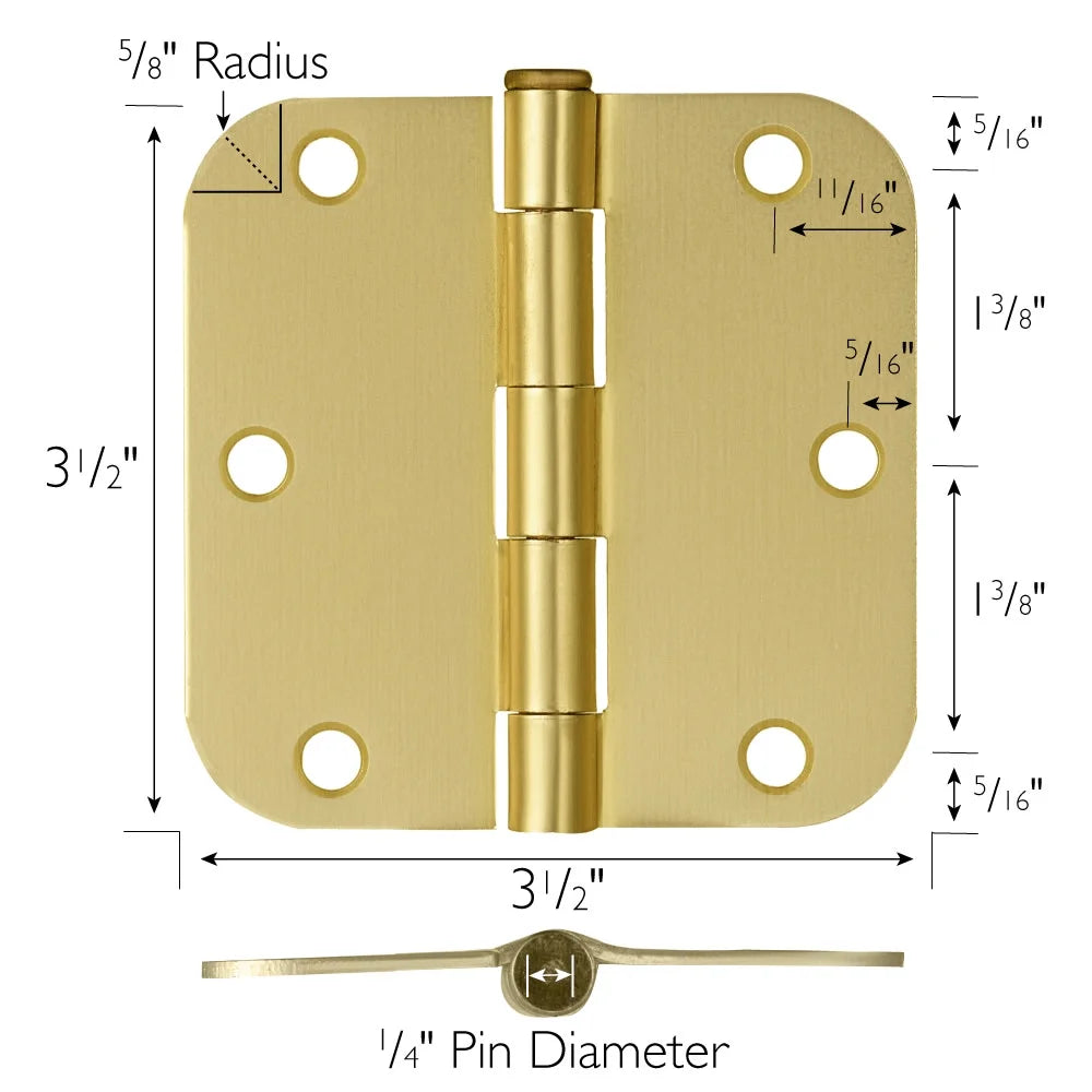 Door Hinges for Interior Doors 12-Pack 3.5-inch x 3.5-inch – Rounded 5/8-inch Radius Steel Door Hinge – Satin Brass – Fits Standard Doors – Design House 189795