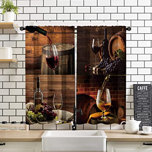 Miyotaa Farmhouse Rustic Kitchen Window Curtains 2 Panels 27.5W x 39H Rod Pocket Vintage Country Rural Food Wine Bread Lavender Small Short Door Decor Bathroom Drapery Treatment