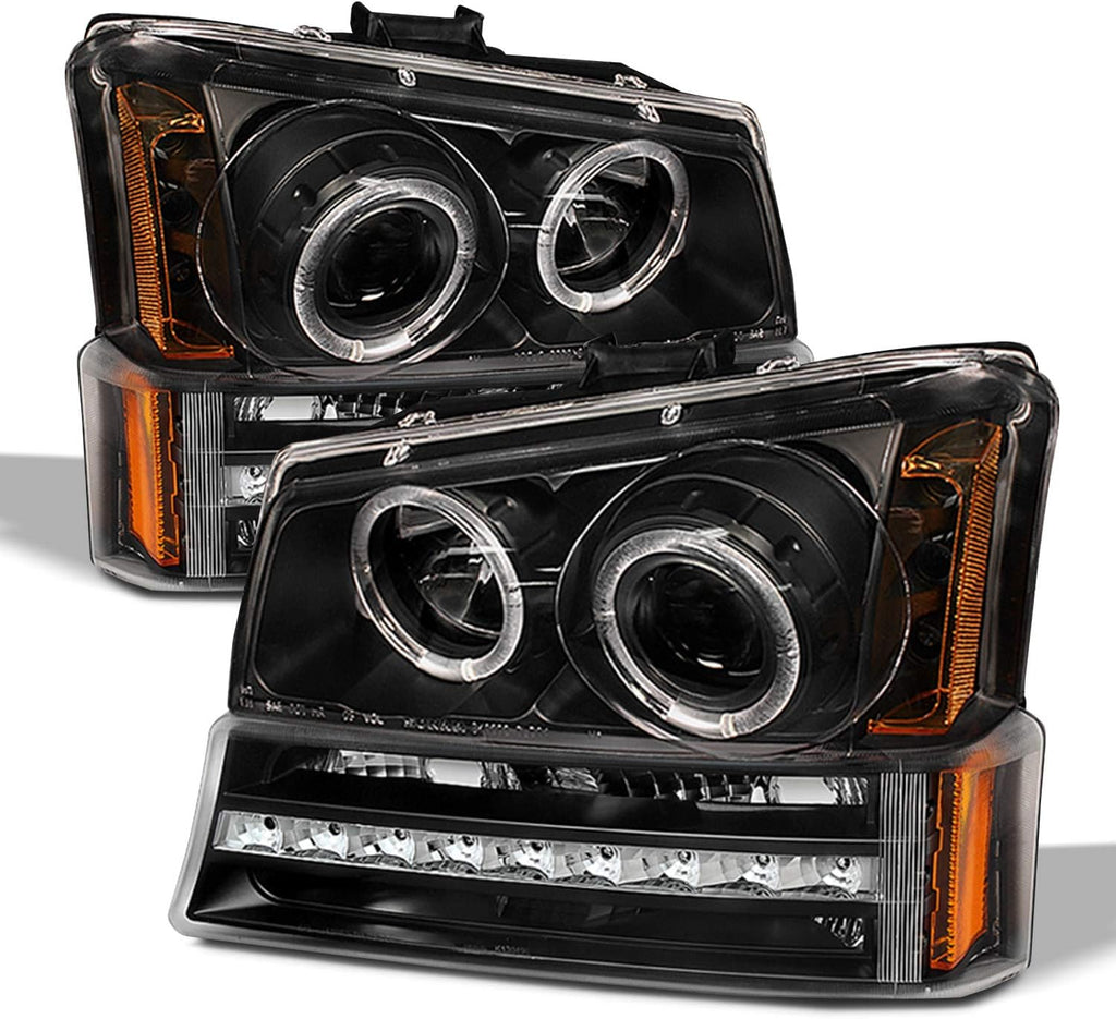 AKKON - For 2003-2006 Chevy Silverado Black Housing Dual Halo Projector Headlights + LED Bumper Signal Lamps