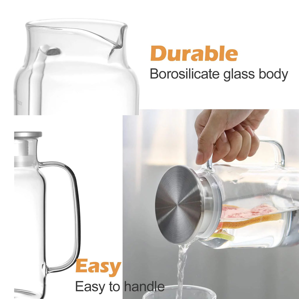 Vucchini Seal Glass Pitcher with Lid - Water Carafe with Handle - Great for Homemade Juice & Cold Tea or for Glass Milk Bottles - 35 Ounces