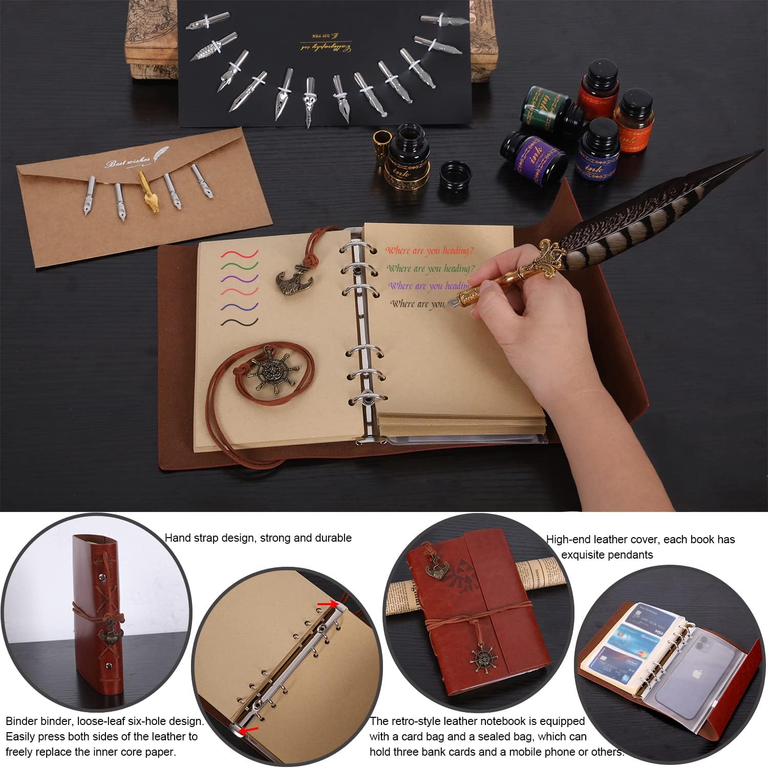 Vintage Pheasant Quill Pen Ink Set,Feather Dip Pen Set with Classic Spiral Bound Leather Notebook,Beginners Glass Dip Pen Wood Calligraphy Pen Craft Decoration Pen,Best Gift Kit for Writing,Drawing Pack of 2
