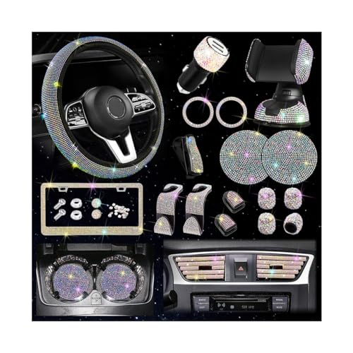 Osilly 27PCS Bling Car Accessories Set for Women, 15 Inch Reinestone Crystal Steering Wheel Covers License Plate Frame USB Charger Phone Holder Coasters, Vehicle Decorations, Universal Fit