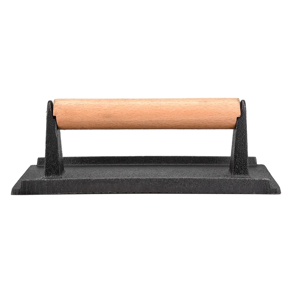 Nikou Steak Press - Commercial Cast Iron Steak Weight Wooden Handle Bacon Grill Hamburger Press cooks faster and does not curl