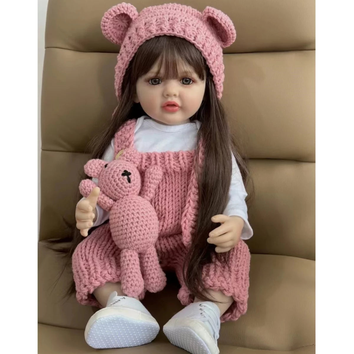 22 inch Soft Silicone Vinyl Reborn Baby Doll Lovely Girl in Pink Knitted Clothes with Bear Toy, Kids Birthday Christmas Gift