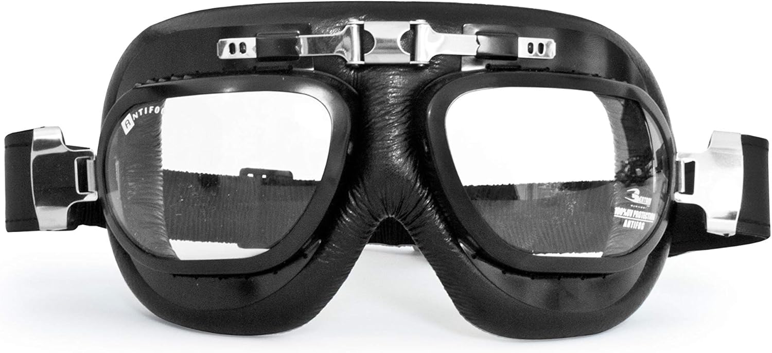 Bertoni Vintage Motorcycle Goggles Antifog and Anticrash Lenses Matt Black Metal Rims mod. AF191A Italy Motorbike Aviator over Helmets Glasses