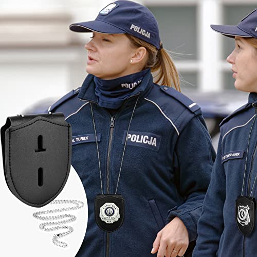 1 Pack Sheriff Badge Shield Holder with Faux Leather Wrapped Heavy Duty Steel Belt Clip with Stainless Steel Necklace, Universal, Black, Deputy Badge Holder, 8x3 inch (1 Pack)