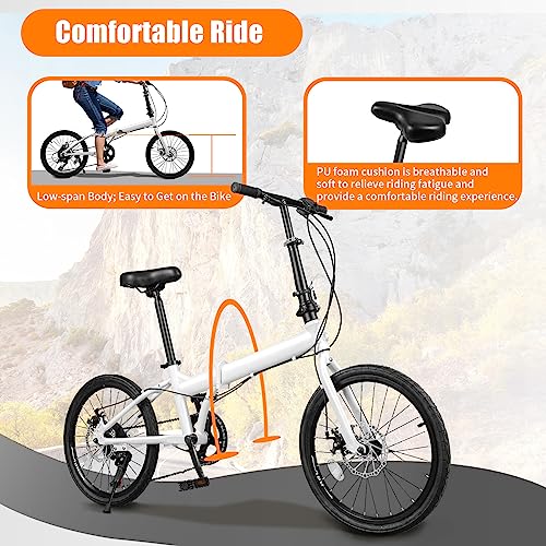 20 Inch Folding Bike, 7 Speed Foldable Bike for Adults, Folding City Bike with Dual Disc, Brakes Compact Light Weight Carbon Steel White Adult Bike