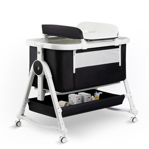 4 in 1 Baby Bassinet, Bassinet Bedside Sleeper with Wheels and Storage Basket, Adjustable 7 Heights Bedside Sleeper with Changing Station, Breathable Mesh Rocking Bassinet for Baby/Newborn