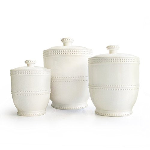 American Atelier Bianca Dash Canister Set 3-Piece Ceramic Jars in 30oz, 70oz and 122oz Chic Design with Lids for Cookies, Candy, Coffee, Flour, Sugar, Rice, Pasta, Cereal, White 1, 3 Count